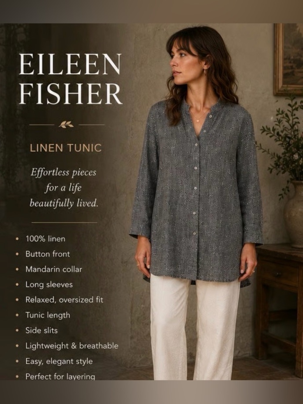 Eileen Fisher Heather Gray 100% Linen Button-down Tunic in Size 3X
